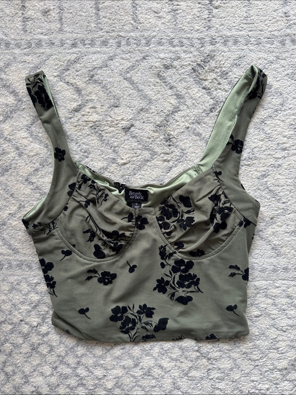 Bershka Olive Green Floral Bustier Crop Top with Black Print